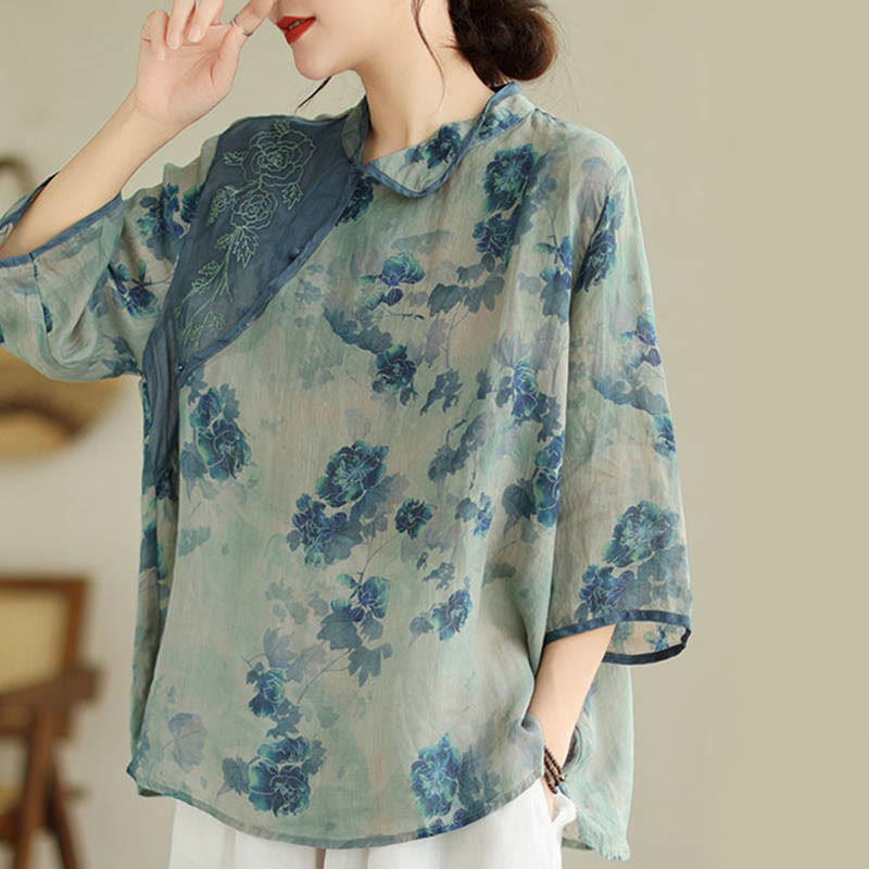 Buddha Stones PLUS SIZE Blue Jacaranda Flower Design Three Quarter Sleeve Shirt - image 2