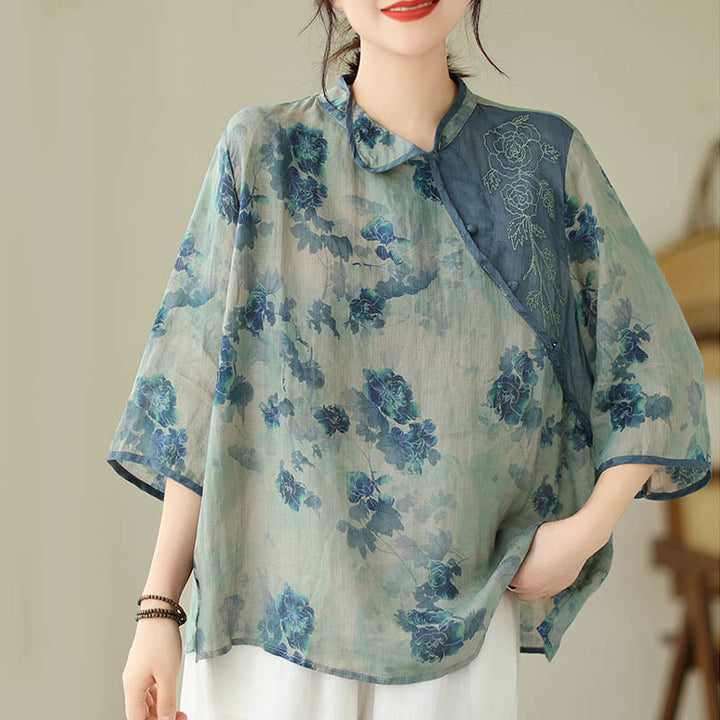 Buddha Stones Blue Jacaranda Flower Design Three Quarter Sleeve Ramie Linen Shirt