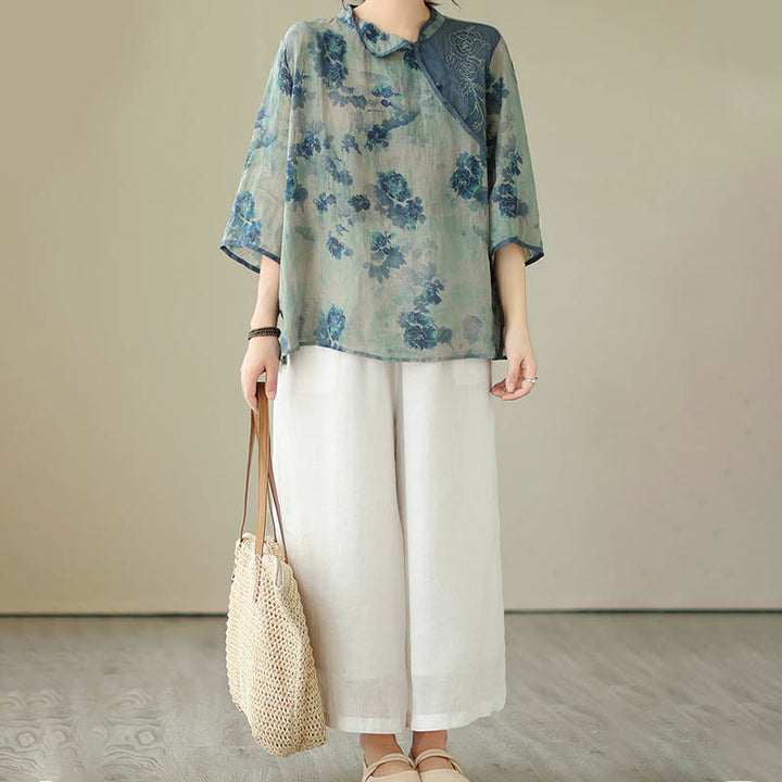 Buddha Stones Blue Jacaranda Flower Design Three Quarter Sleeve Ramie Linen Shirt