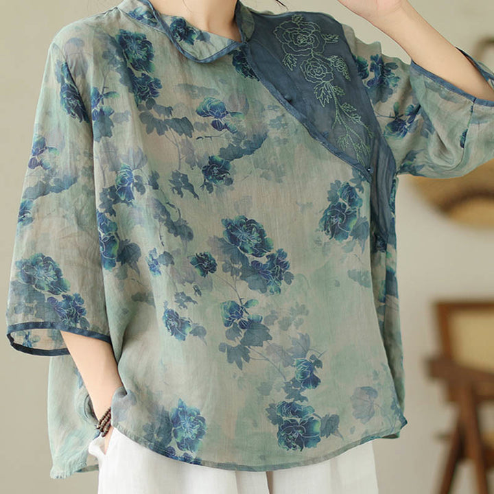 Buddha Stones PLUS SIZE Blue Jacaranda Flower Design Three Quarter Sleeve Ramie Linen Shirt - image 8