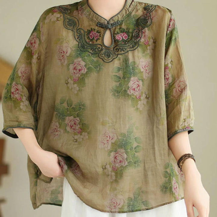 Buddha Stones Light Green Rose Flower Embroidery Design Three Quarter Sleeve Ramie Linen Shirt