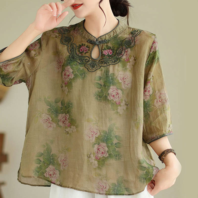 Buddha Stones Light Green Rose Flower Embroidery Design Three Quarter Sleeve Ramie Linen Shirt