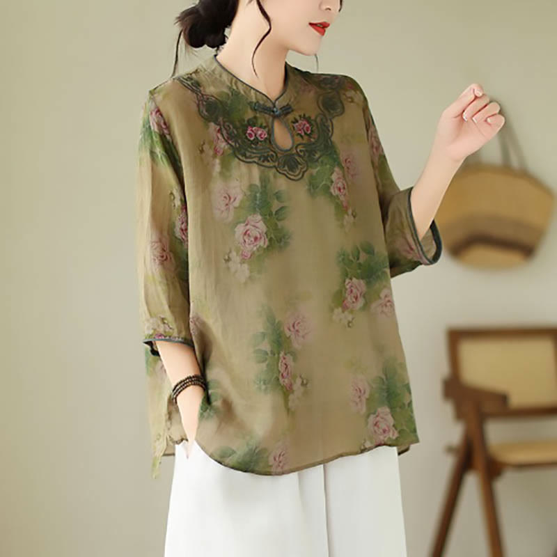 Buddha Stones Light Green Rose Flower Embroidery Design Three Quarter Sleeve Ramie Linen Shirt