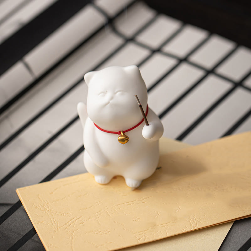 Buddha Stones Mini Cute Cat Ceramic Healing Incense Burner Desk Decoration