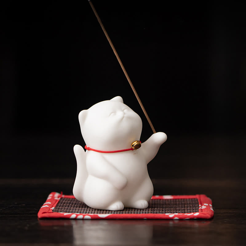 Buddha Stones Mini Cute Cat Ceramic Healing Incense Burner Desk Decoration - image 2