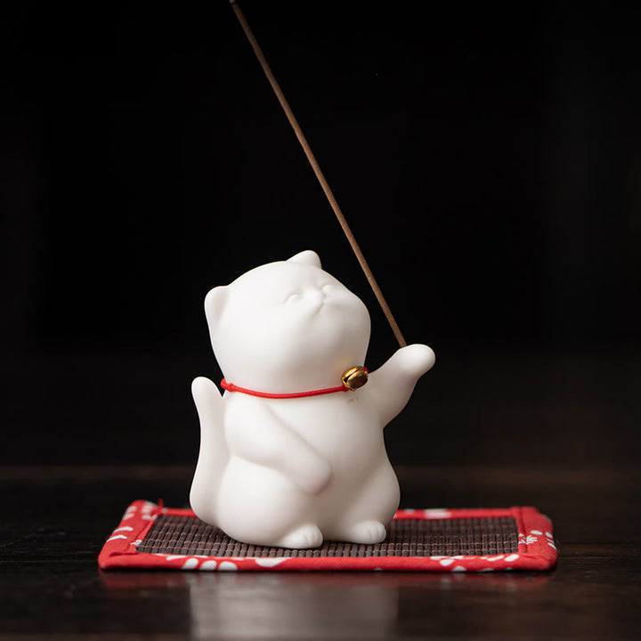 Buddha Stones Mini Cute Cat Ceramic Healing Incense Burner Desk Decoration - image 2