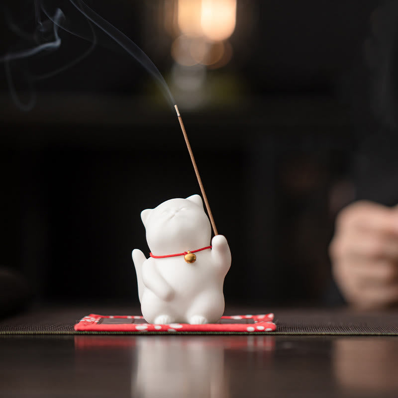 Buddha Stones Mini Cute Cat Ceramic Healing Incense Burner Desk Decoration - Cat 5*4.7*6.8cm&Bamboo Mat 10cm - image 1