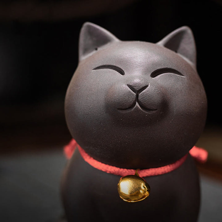 Buddha Stones Mini Lovely Cat Tea Pet Purple Clay Figurine Desk Decoration