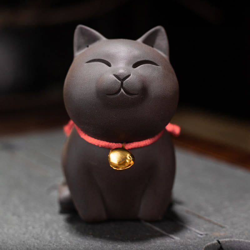 Buddha Stones Mini Lovely Cat Tea Pet Purple Clay Figurine Desk Decoration