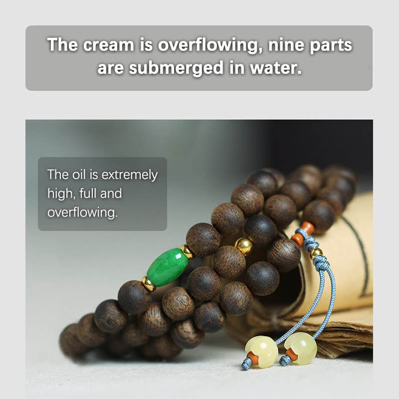 Buddha Stones 108 Mala Beads Nha Trang Bai Qinan Agarwood Cyan Jade Amber Strength Meditation Bracelet