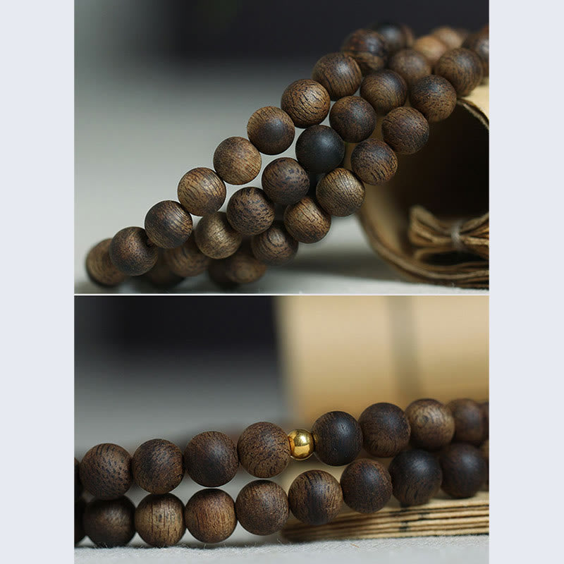 Buddha Stones 108 Mala Beads Nha Trang Bai Qinan Agarwood Cyan Jade Amber Strength Meditation Bracelet