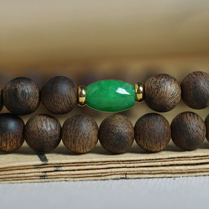 Buddha Stones 108 Mala Beads Nha Trang Bai Qinan Agarwood Cyan Jade Amber Strength Meditation Bracelet