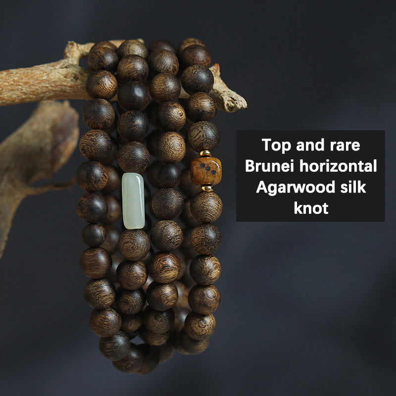 Buddha Stones 108 Mala Beads Brunei Agarwood Hetian Jade Yak Bone Strength Balance Bracelet