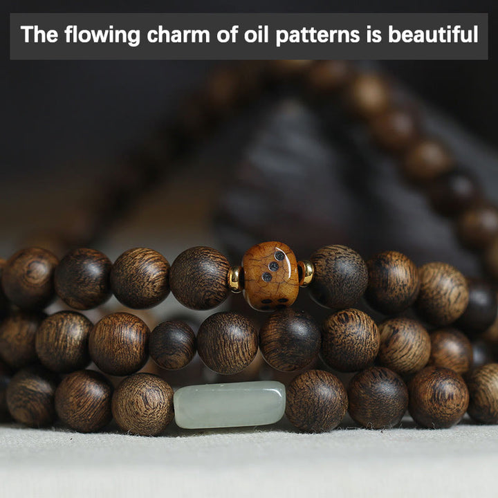 Buddha Stones 108 Mala Beads Brunei Agarwood Hetian Jade Yak Bone Strength Balance Bracelet