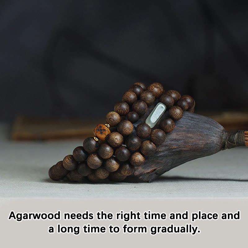 Buddha Stones 108 Mala Beads Brunei Agarwood Hetian Jade Yak Bone Strength Balance Bracelet