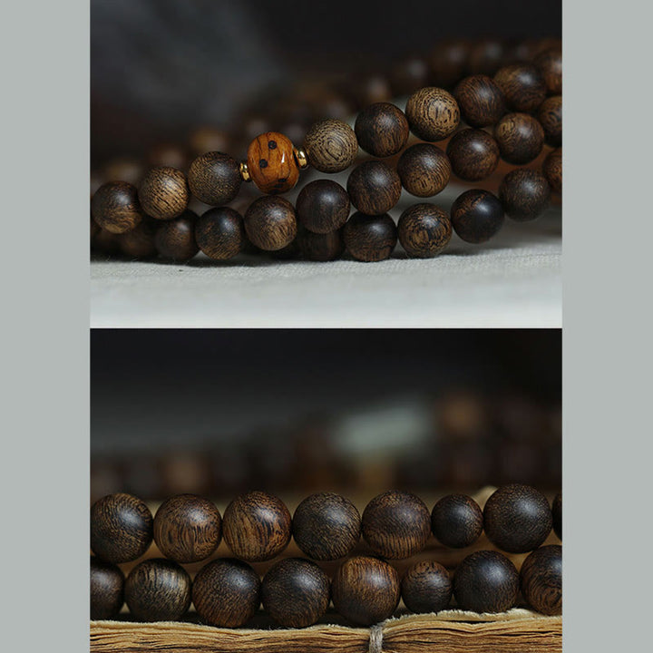 Buddha Stones 108 Mala Beads Brunei Agarwood Hetian Jade Yak Bone Strength Balance Bracelet