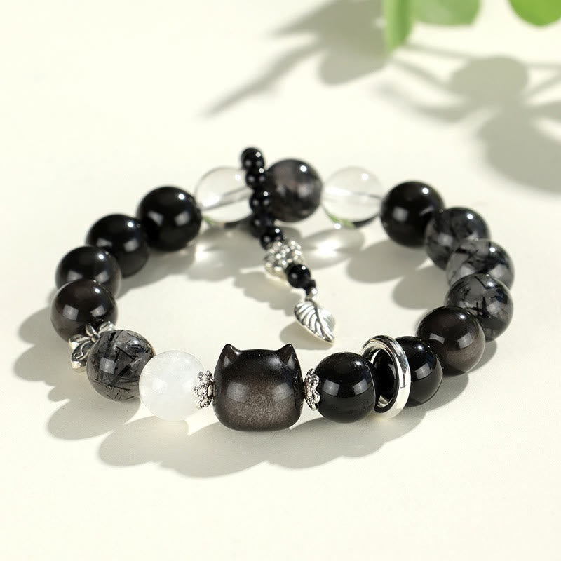 Buddha Stones Natural Silver Sheen Obsidian Cat Head Fox Planet Protection Bracelet - Silver Sheen Obsidian Cat Head(Wrist Circumference 14-16.5cm) - image 2