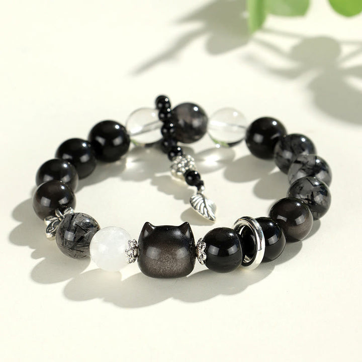 Buddha Stones Natural Silver Sheen Obsidian Cat Head Fox Planet Protection Bracelet - Silver Sheen Obsidian Cat Head(Wrist Circumference 14-16.5cm) - image 2
