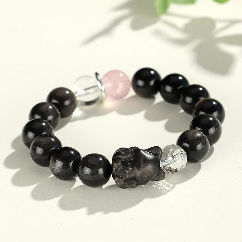 Buddha Stones Natural Silver Sheen Obsidian Cat Head Fox Planet Protection Bracelet - Silver Sheen Obsidian Fox(Wrist Circumference 14-16.5cm) - image 6