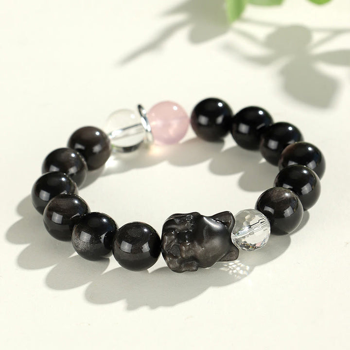 Buddha Stones Natural Silver Sheen Obsidian Cat Head Fox Planet Protection Bracelet