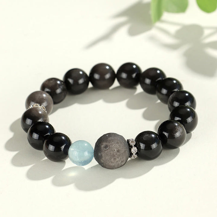 Buddha Stones Natural Silver Sheen Obsidian Cat Head Fox Planet Protection Bracelet - Silver Sheen Obsidian Planet(Wrist Circumference 14-16.5cm) - image 8