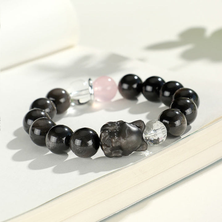 Buddha Stones Natural Silver Sheen Obsidian Cat Head Fox Planet Protection Bracelet - image 7