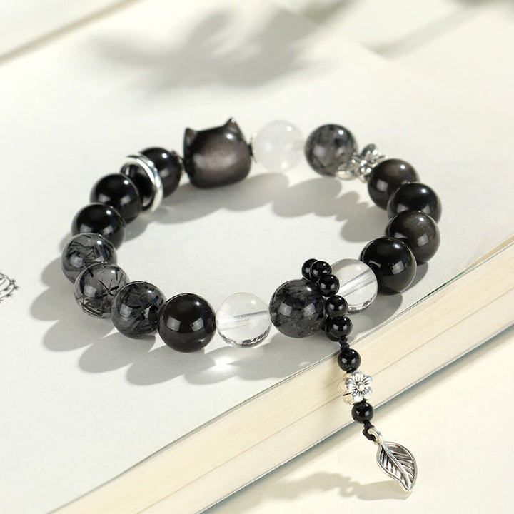 Buddha Stones Natural Silver Sheen Obsidian Cat Head Fox Planet Protection Bracelet - image 3