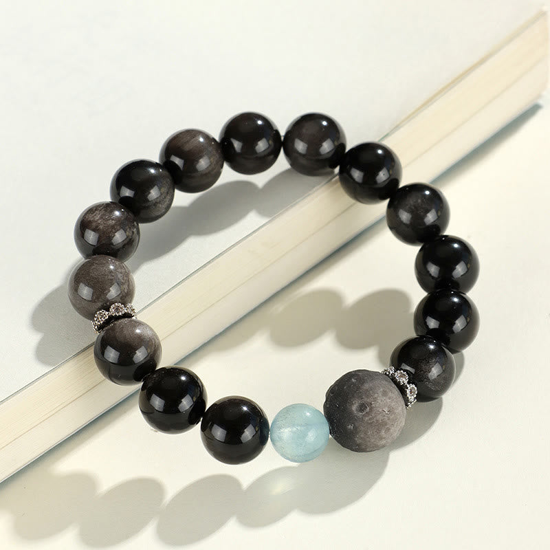 Buddha Stones Natural Silver Sheen Obsidian Cat Head Fox Planet Protection Bracelet