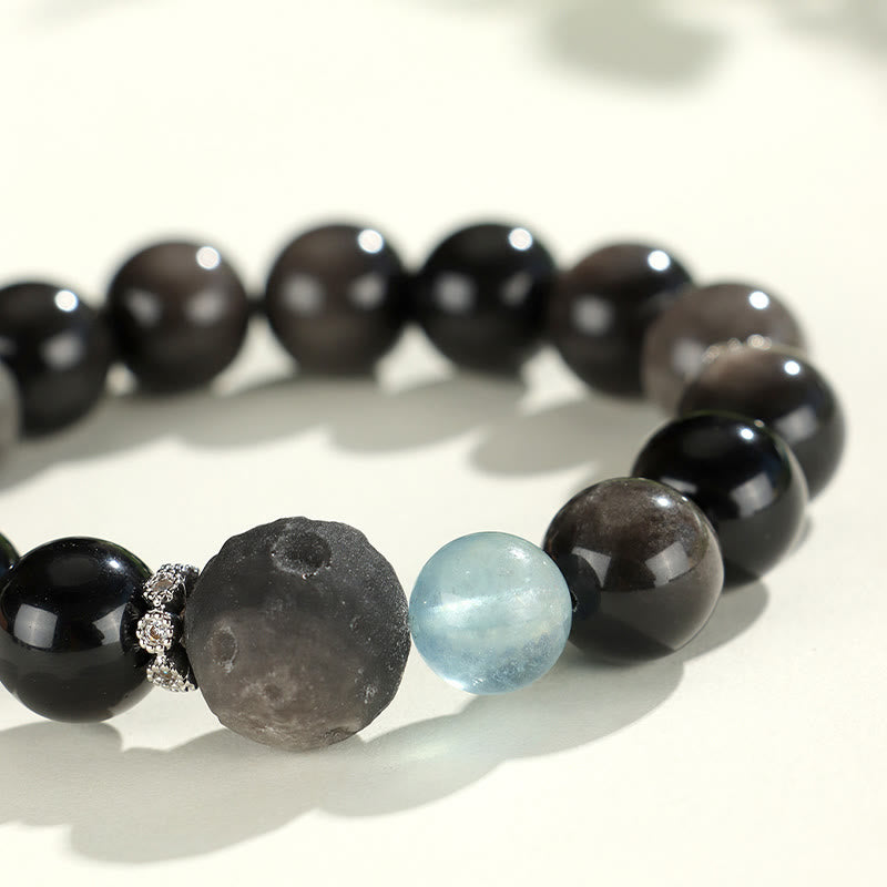 Buddha Stones Natural Silver Sheen Obsidian Cat Head Fox Planet Protection Bracelet