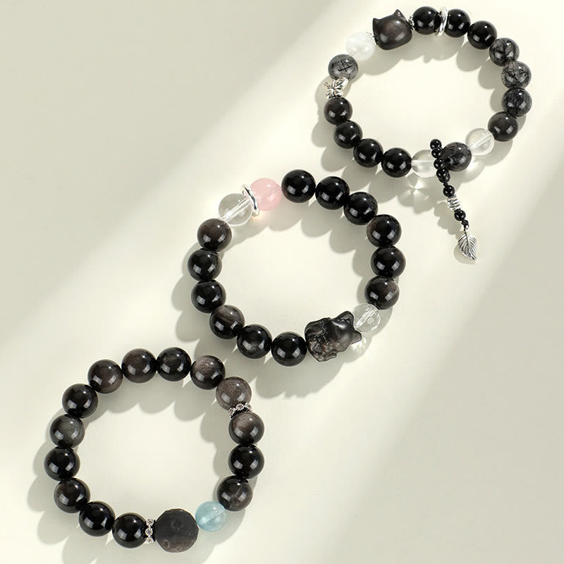 Buddha Stones Natural Silver Sheen Obsidian Cat Head Fox Planet Protection Bracelet - image 12