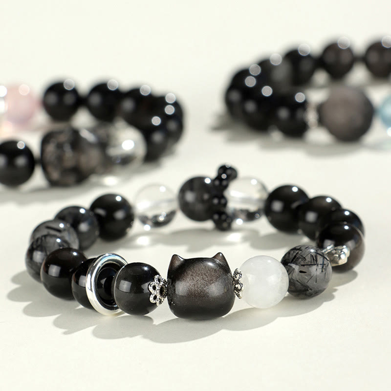 Buddha Stones Natural Silver Sheen Obsidian Cat Head Fox Planet Protection Bracelet - image 1