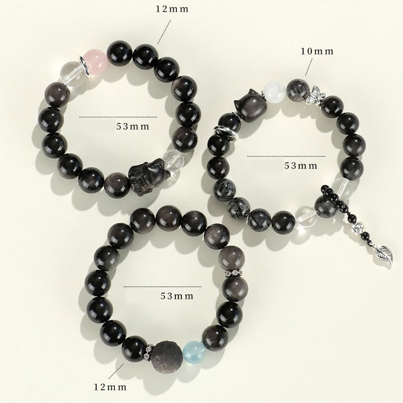 Buddha Stones Natural Silver Sheen Obsidian Cat Head Fox Planet Protection Bracelet - image 14