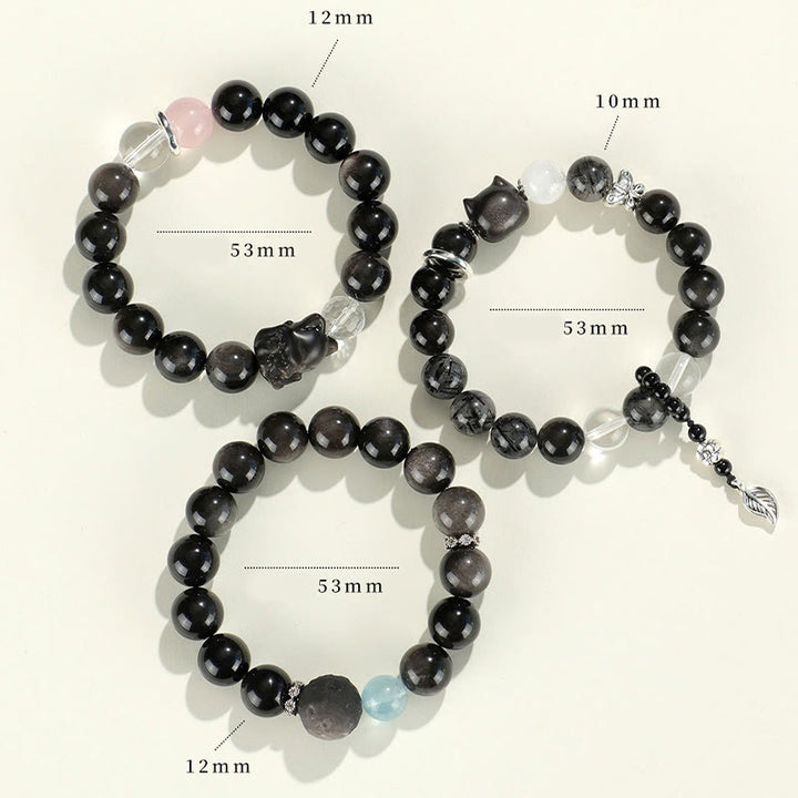 Buddha Stones Natural Silver Sheen Obsidian Cat Head Fox Planet Protection Bracelet - image 14