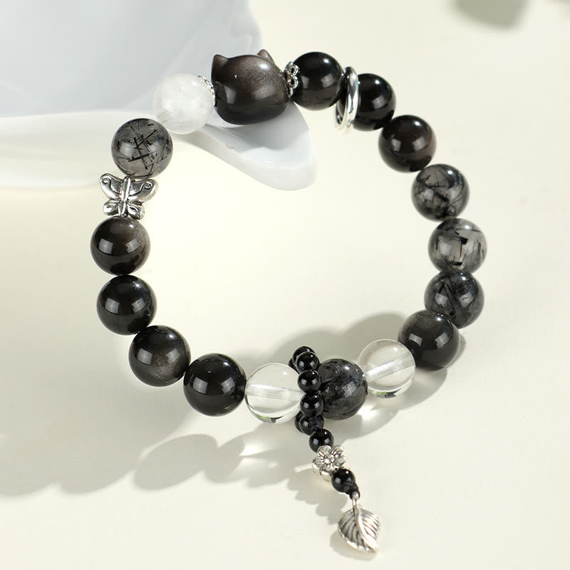 Buddha Stones Natural Silver Sheen Obsidian Cat Head Fox Planet Protection Bracelet - image 4