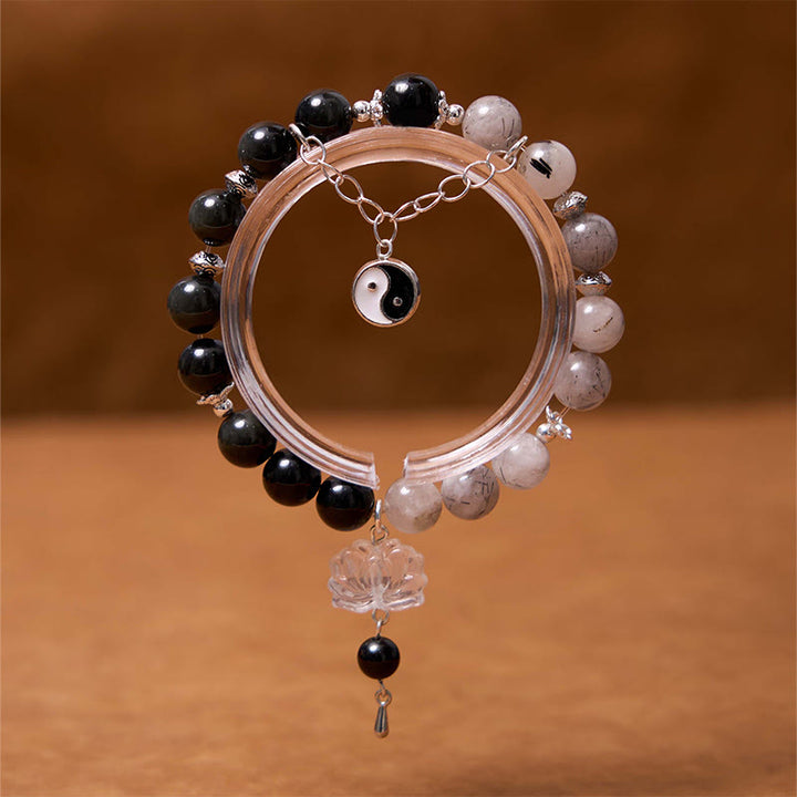 Buddha Stones Silver Sheen Obsidian Crackle Clear Quartz Black Rutilated Quartz Yin Yang Lotus Protection Bracelet