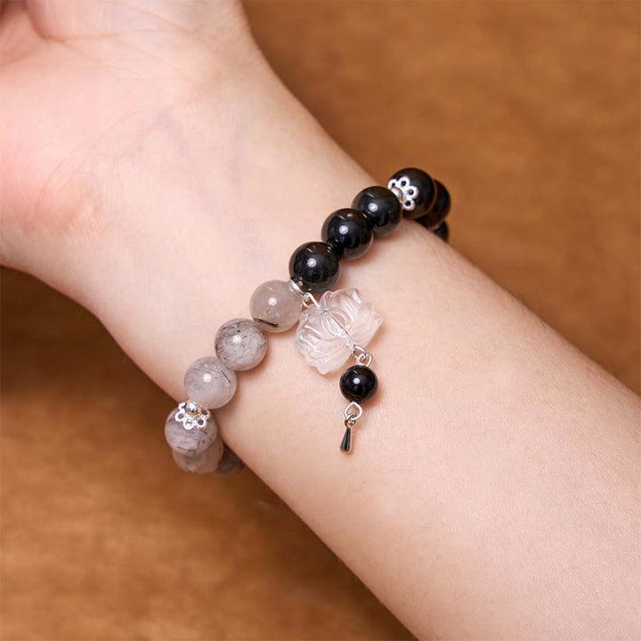 Buddha Stones Silver Sheen Obsidian Crackle Clear Quartz Black Rutilated Quartz Yin Yang Lotus Protection Bracelet