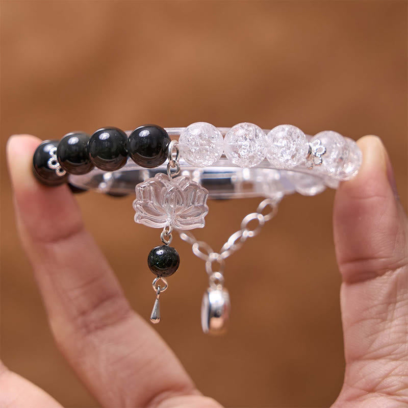 Buddha Stones Silver Sheen Obsidian Crackle Clear Quartz Black Rutilated Quartz Yin Yang Lotus Protection Bracelet