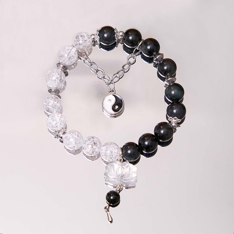 Buddha Stones Silver Sheen Obsidian Crackle Clear Quartz Black Rutilated Quartz Yin Yang Lotus Protection Bracelet