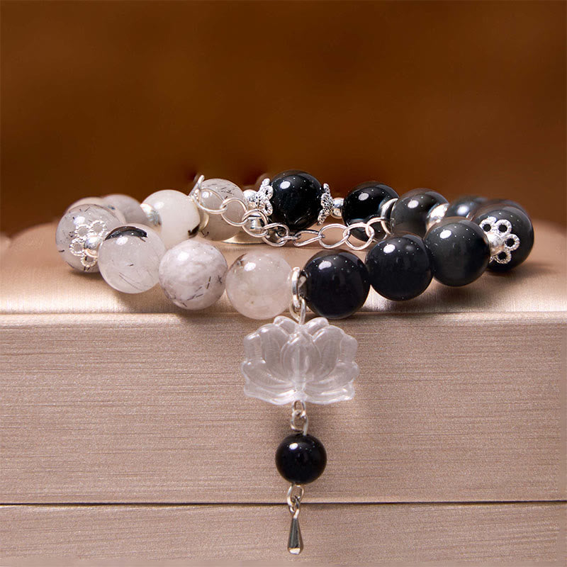 Buddha Stones Silver Sheen Obsidian Crackle Clear Quartz Black Rutilated Quartz Yin Yang Lotus Protection Bracelet