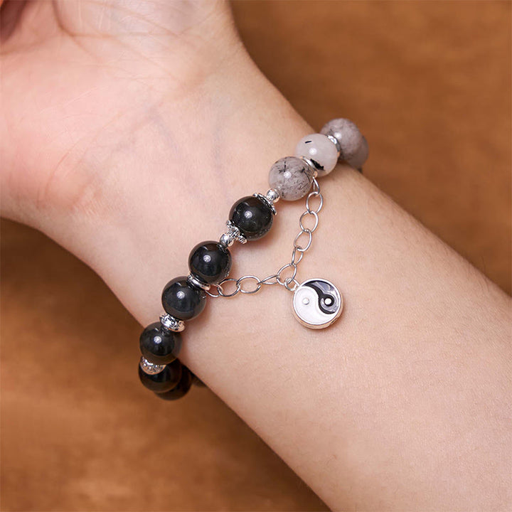 Buddha Stones Silver Sheen Obsidian Crackle Clear Quartz Black Rutilated Quartz Yin Yang Lotus Protection Bracelet