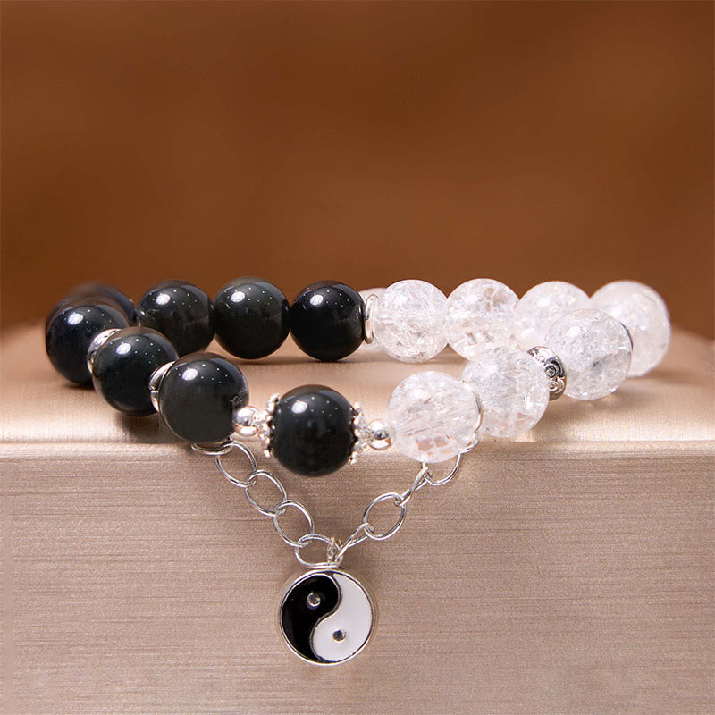 Buddha Stones Silver Sheen Obsidian Crackle Clear Quartz Black Rutilated Quartz Yin Yang Lotus Protection Bracelet