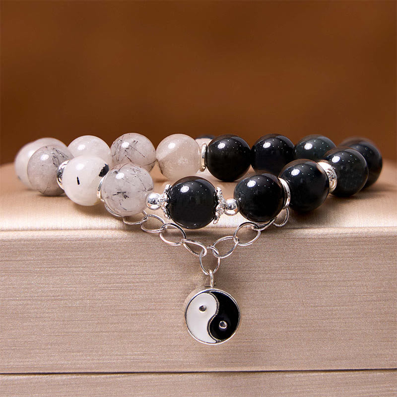 Buddha Stones Silver Sheen Obsidian Crackle Clear Quartz Black Rutilated Quartz Yin Yang Lotus Protection Bracelet