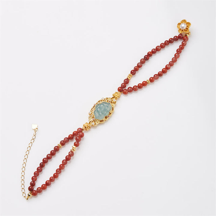 Buddha Stones 925 Sterling Silver Plated Gold Natural Red Agate Lotus Jade Calm Double Layer Bracelet