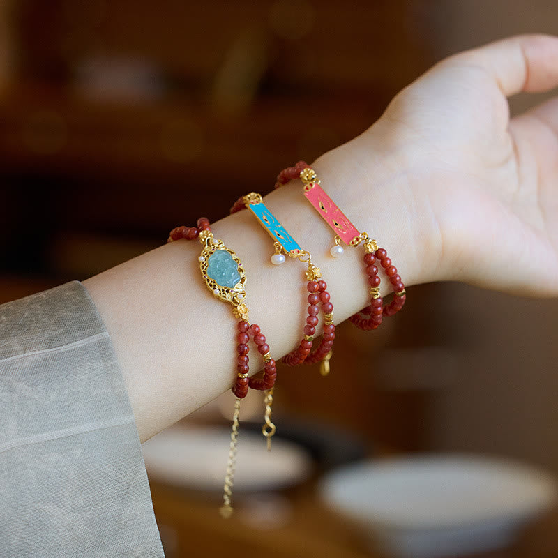 Buddha Stones 925 Sterling Silver Plated Gold Natural Red Agate Lotus Jade Calm Double Layer Bracelet