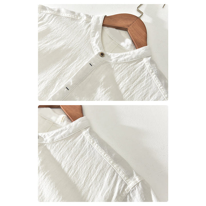 Buddha Stones Solid Color Short Sleeve Half Button Shirt Cotton Linen Men Clothing - image 8