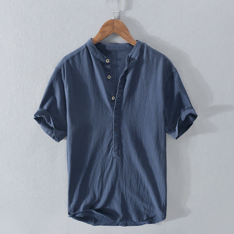 Buddha Stones Solid Color Short Sleeve Half Button Shirt Cotton Men Clothing - SteelBlue - US/UK/AU40，EU50 (3XL) - image 0
