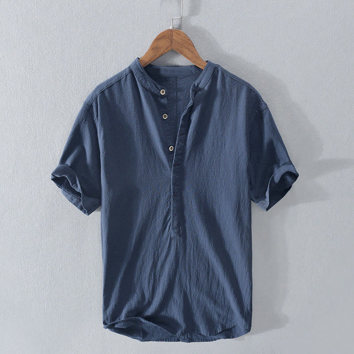 Buddha Stones Solid Color Short Sleeve Half Button Shirt Cotton Men Clothing - SteelBlue - US/UK/AU40，EU50 (3XL) - image 0