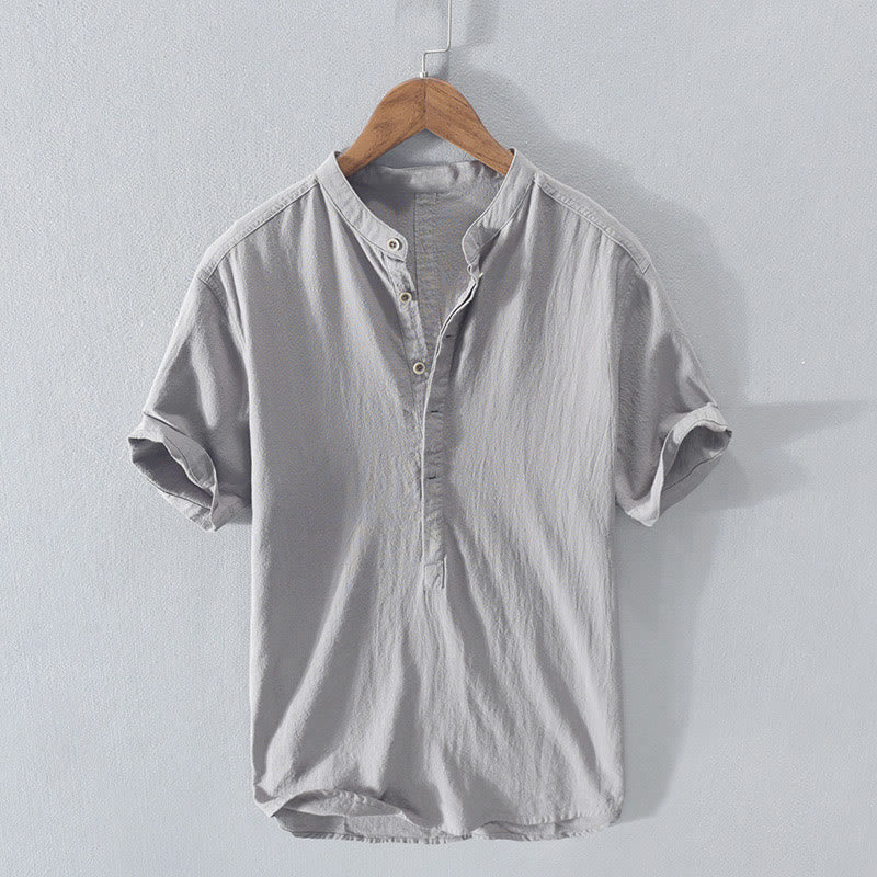 Buddha Stones Solid Color Short Sleeve Half Button Shirt Cotton Men Clothing - LightGrey - US/UK/AU40，EU50 (3XL) - image 11