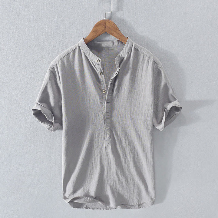 Buddha Stones Solid Color Short Sleeve Half Button Shirt Cotton Men Clothing - LightGrey - US/UK/AU40，EU50 (3XL) - image 11