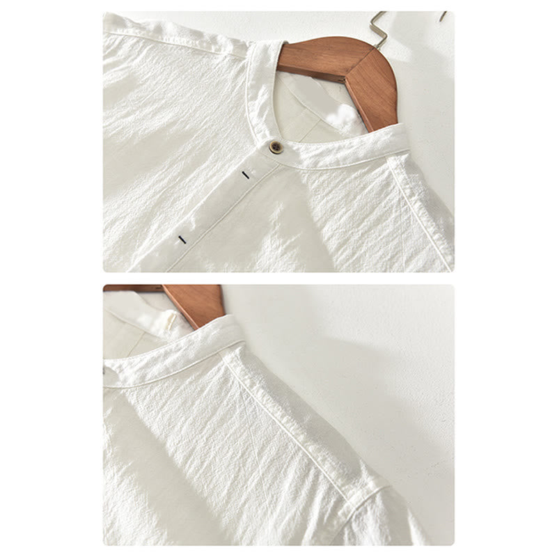 Buddha Stones Solid Color Short Sleeve Half Button Shirt Cotton Linen Men Clothing - image 8